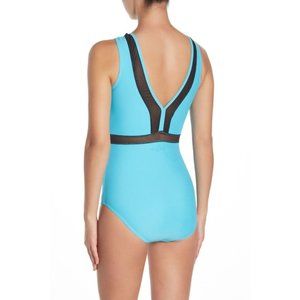 Nicole Miller Turquoise  / Black Mesh Detail Trim One Piece Swimsuit